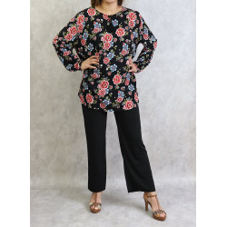 Black tunic with red and blue flowers (Large size available for women)