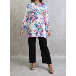 White tunic with red and blue flowers for women (Large size available)