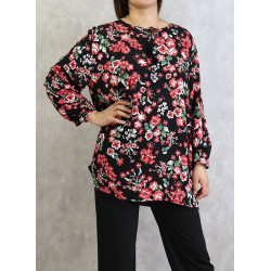 Tunique noire à fleurs rouges pour femme (Grandes tailles disponibles)