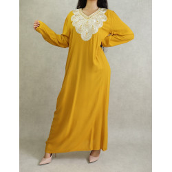 Long oriental dress with embroidery - Long sleeves - Mustard Yellow color