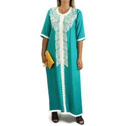Robe marocaine traditionnelle brodée pour femme - Manches courtes - Couleur Vert émeraude