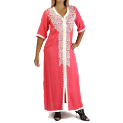 Robe marocaine traditionnelle brodée pour femme - Manches courtes - Couleur Corail