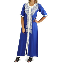 Traditional Moroccan embroidered dress for women - Short sleeves - Royal blue color