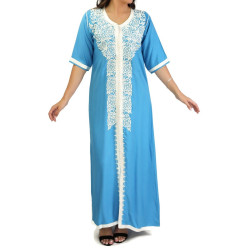 Robe marocaine traditionnelle brodée pour femme - Manches courtes - Couleur Bleu ciel