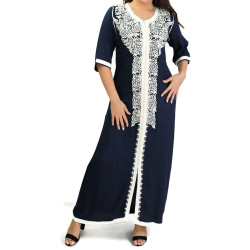 Robe marocaine traditionnelle brodée pour femme - Manches courtes - Couleur Bleu marine