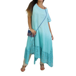 Shades of blue half-sleeved dress with lace finish (Plus size in cotton / linen)