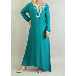 Robe longue orientale pour femme avec broderies et strass dorés - Couleur vert émeraude