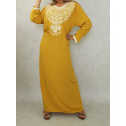 Long oriental dress with rhinestones and embroidery in cotton for women - Mustard color
