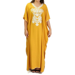 Gandoura / Robe marocaine manches courtes avec décorations - Couleur Jaune