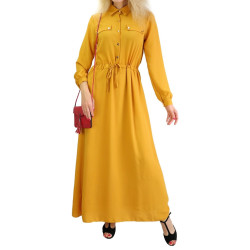 Robe casual boutonnée manches longues pour femme - Couleur Jaune moutarde