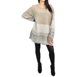 Tunique viscose imprimée motifs cachemire pour femme - Couleur taupe et blanc