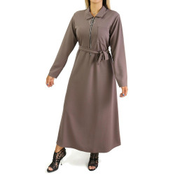 Long zip closure dress with belt for women (Standard size) - Taupe color