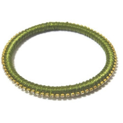 Women's semi-rigid fancy bracelet in plain green shiny thread and set with crystalline...
