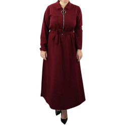 Long zippered zip dress with women's belt (Large Size) - Burgundy red