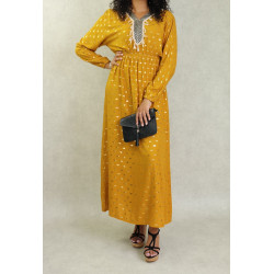 Robe fluide avec motifs dorés broderies et pompons pour femme - Couleur Jaune moutarde