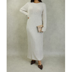 Robe en grosse maille pour femme (Saison Automne Hiver) - Couleur Blanc cassé