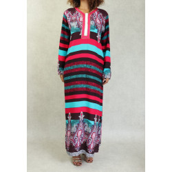 Robe de maison pas cher manche longue imprimée motifs multi-couleurs - Languette de...