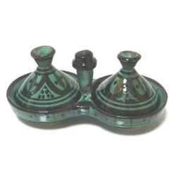 Tajine double décoratif marocain en poterie de couleur verte émaillé décoré de motifs...