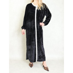 Robe arabe longue en velours avec broderie pour femme - Couleur Noir