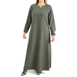 Basic flared V-neck dress for women (Large Size) - Khaki Color