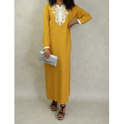 Robe orientale longue pour femme avec perles et broderies 100% coton - Couleur Jaune...