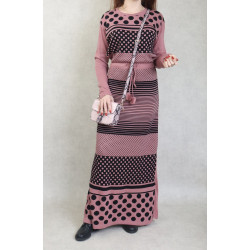 Women's two-tone patterned maxi-long knit dress (Autumn-Winter Mode) - Pink Color