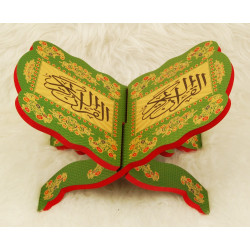 Porte Coran traditionnel en bois décoré - vert métalisé - Support Livre (29 x 19 cm)