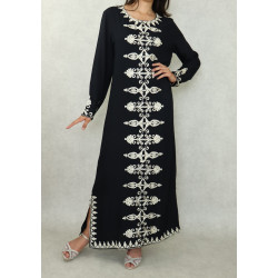 Robe femme style caftan marocain avec nombreuses broderies - Couleur noir