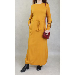 Long fine knit dress (Fall - Winter) - Mustard Yellow Color