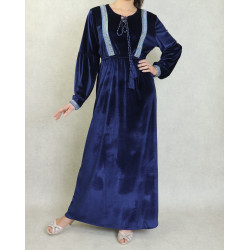 Robe orientale en velours avec broderies perles et strasses pour femme - Couleur Bleu...