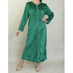 Robe arabe longue en velours à motif avec broderie blanche pour femme - Couleur Vert
