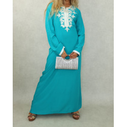 Robe orientale longue pour femme avec perles et broderies 100% coton - Couleur vert...