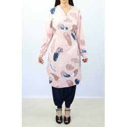Buttoned tunic with belt - Pink color with patterns