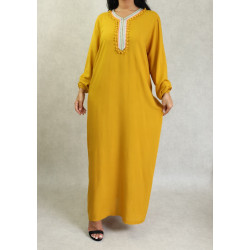 Robe de maison et d'été pas cher à pompons pour femme - Couleur Jaune moutarde