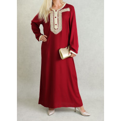 Robe orientale arabe longue brodée et perlée pour femme - Couleur bordeaux