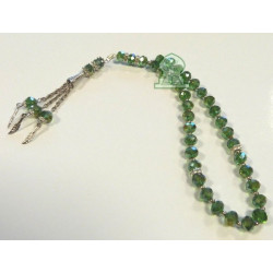 Sabha Chapelet 33 perles cristal vert avec décorations métalliques argentées