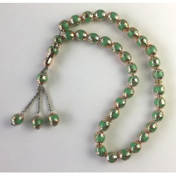Chapelet de luxe à 33 perles vertes dorées avec croissant et étoile sur chaque perle
