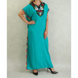 Robe orientale avec strass et pompons multi-couleur en coton pour femme - Couleur vert...