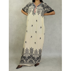 Robe maxi-longue en coton style oriental avec strasse motifs noirs cachemire pour femme...