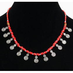 Handcrafted necklace imitation red coral pearls arranged with silver and other wooden...