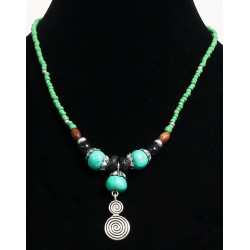 Ethnic artisanal necklace green blue beads with imitation turquoise balls, embellished...