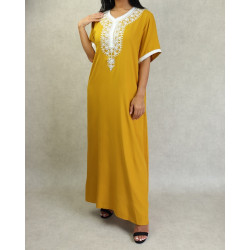 Robe longue manches courtes style oriental brodée avec strass et perle pour femme -...