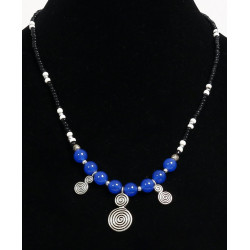 Ethnic artisanal necklace blue balls arranged with black and white pearls with silver...