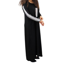 Abaya moderne des Emirats (Dubaï) à strass argentés et écharpe noire assortie pour femme