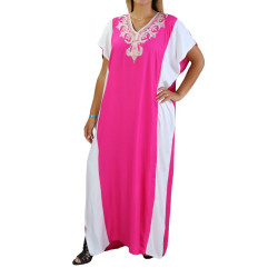 Moroccan dress very long and wide bi-color Fuchsia and White with embroidery