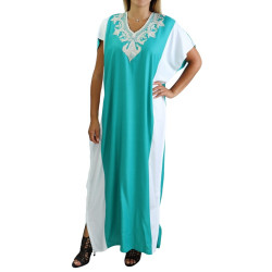 Moroccan dress very long wide bi-color green and white with embroidery