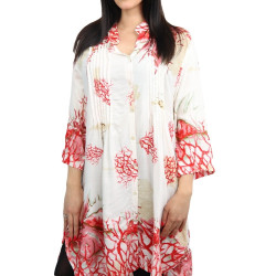 Chemise blanche ample imprimée motifs fleurs rouges