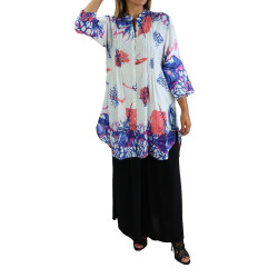 Tuni-White shirt ample floral pattern blue mauve and pink for woman