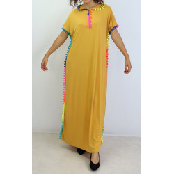 Robe orientale avec capuche ornée de pompons multicolores pour femme - Couleur Jaune...