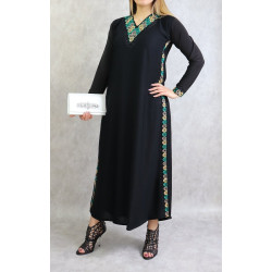 Abaya noire moderne de Dubaï satinée avec broderies et écharpe assortie (Vêtement...